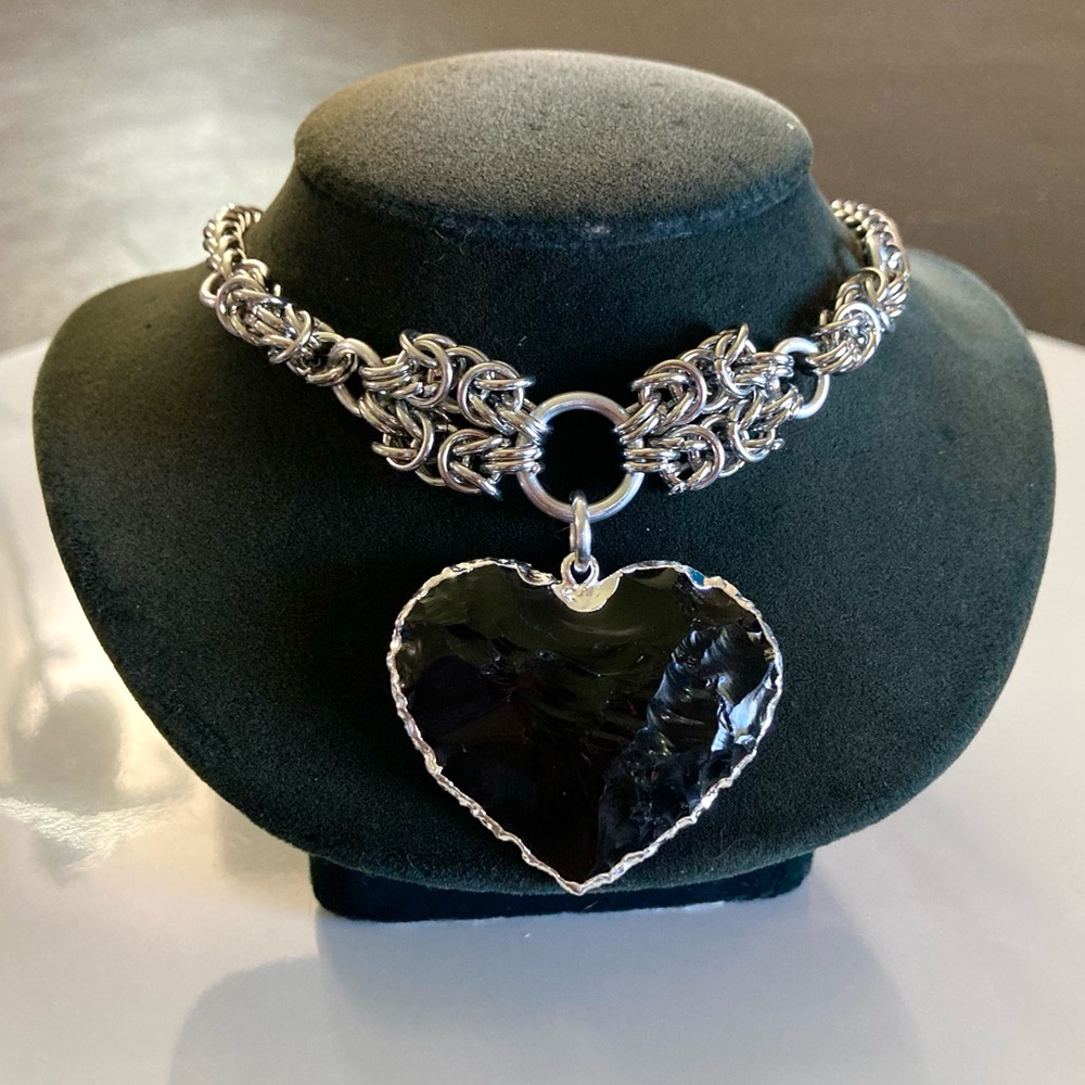 Handmade Genuine black obsidian heart charm maille silver boho choker necklace - Picture 2 of 11